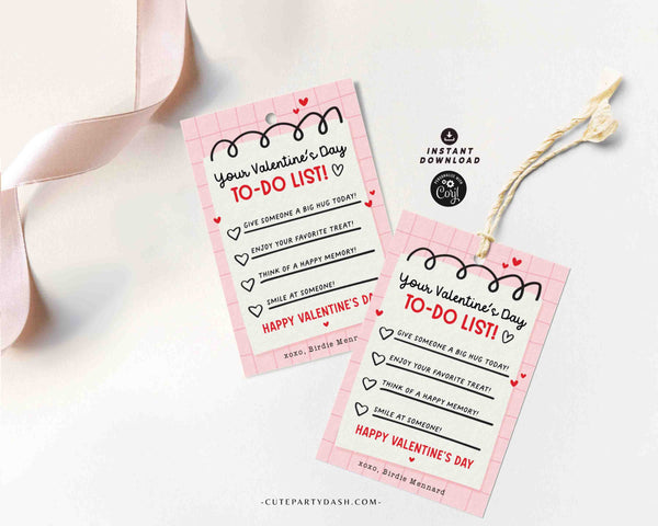Valentine’s Day To-Do List Classroom Valentine Kids Tag Printable INSTANT DOWNLOAD Happy Valentine's Day EDITABLE gift tag