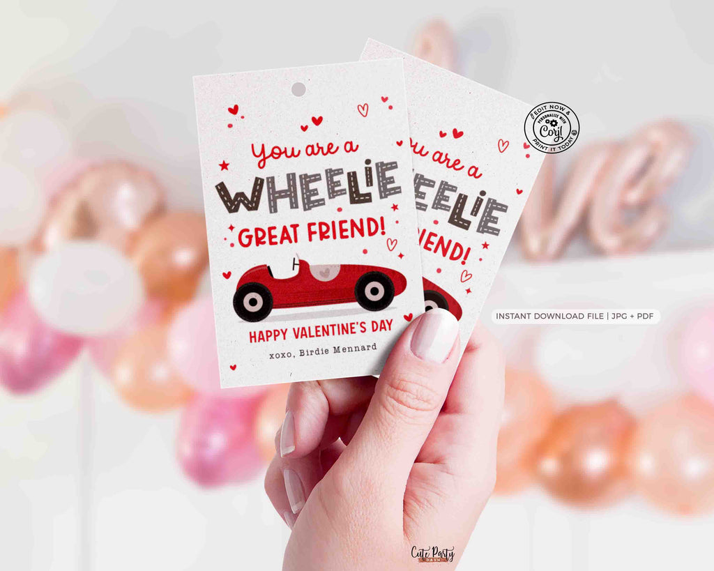 Wheelie Great Friend Valentine's Day Gift Tag Printable INSTANT DOWNLOAD – Cute Party Dash for Free Printable Race Car Valentines
