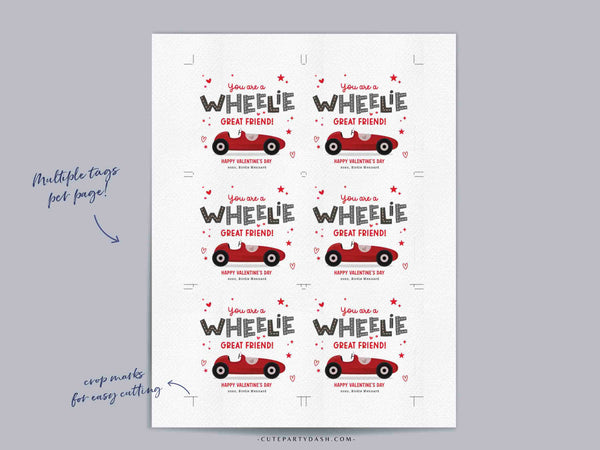 Wheelie Great Friend Valentine's Day Gift Tag Printable INSTANT DOWNLOAD Kids Classroom Toy Race Car Gift Editable Valentine Gift Tag Card