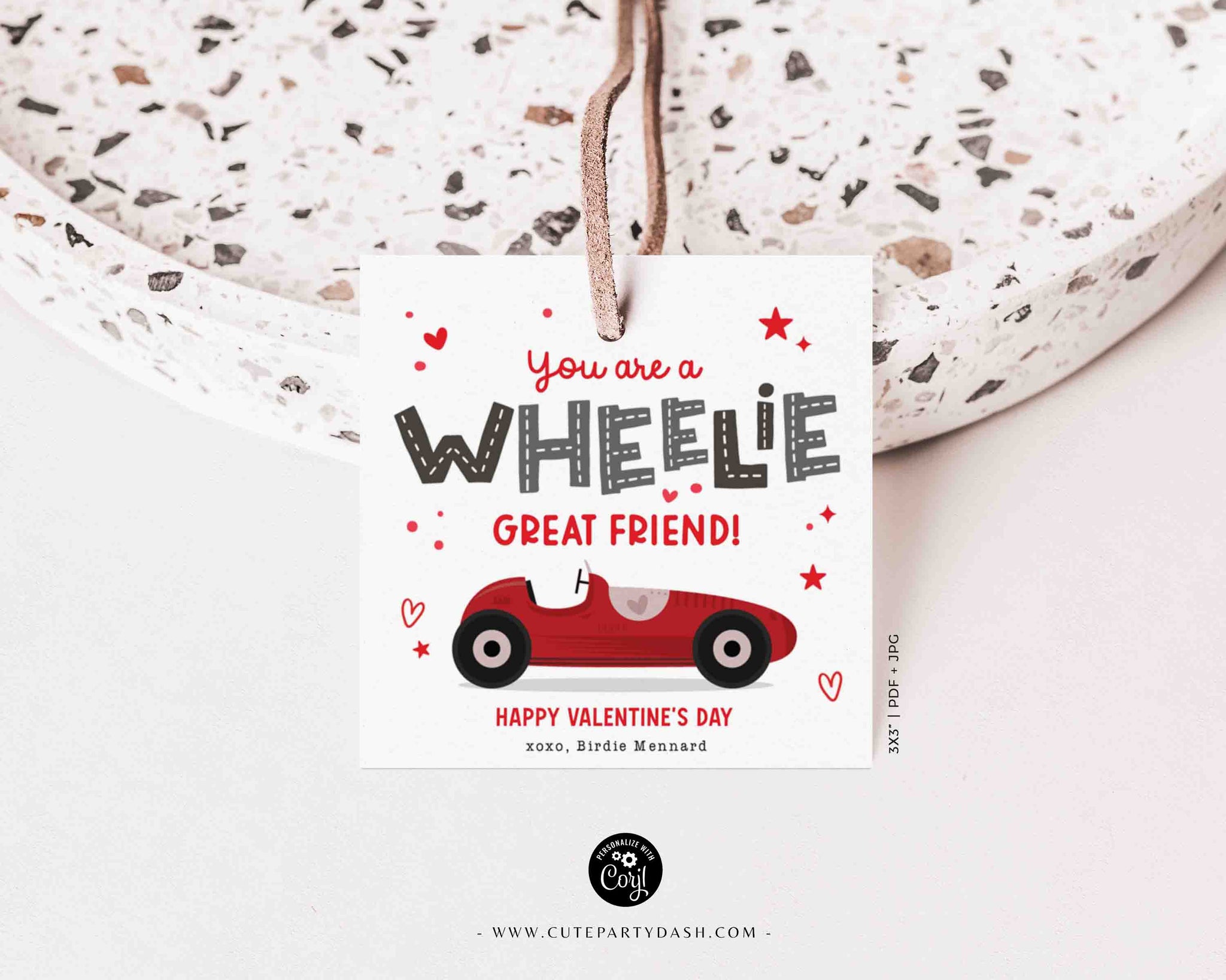 Wheelie Great Friend Valentine's Day Gift Tag Printable INSTANT DOWNLOAD Kids Classroom Toy Race Car Gift Editable Valentine Gift Tag Card
