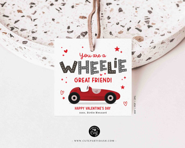 Wheelie Great Friend Valentine's Day Gift Tag Printable INSTANT DOWNLOAD Kids Classroom Toy Race Car Gift Editable Valentine Gift Tag Card