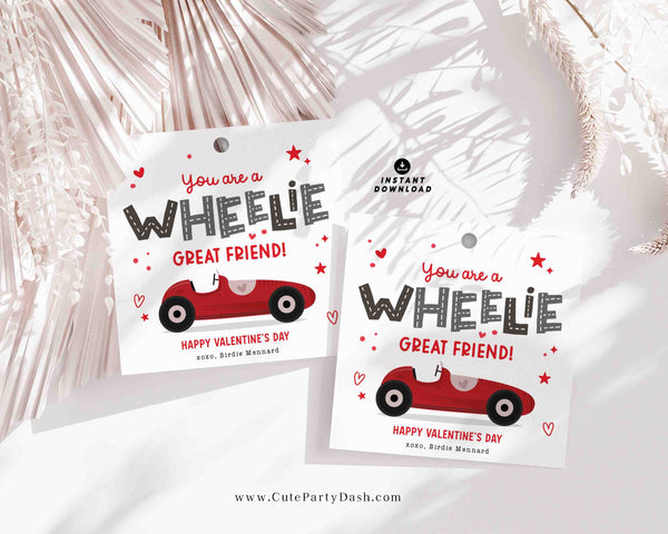 Wheelie Great Friend Valentine's Day Gift Tag Printable INSTANT DOWNLOAD Kids Classroom Toy Race Car Gift Editable Valentine Gift Tag Card