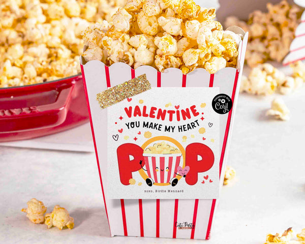 You make my heart Pop Valentine's day Gift Tag Printable INSTANT DOWNLOAD, Kids Valentine Popcorn PunTags, Valentine's day Card Exchange