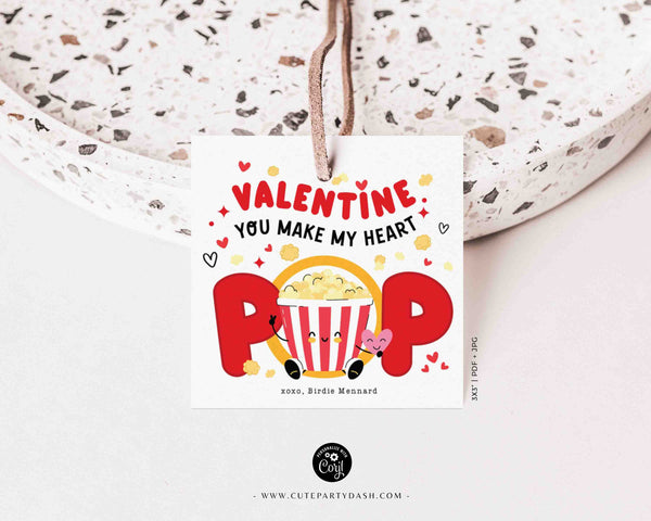 You make my heart Pop Valentine's day Gift Tag Printable INSTANT DOWNLOAD, Kids Valentine Popcorn PunTags, Valentine's day Card Exchange
