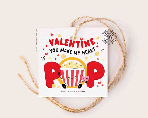 You make my heart Pop Valentine's day Gift Tag Printable INSTANT DOWNLOAD, Kids Valentine Popcorn PunTags, Valentine's day Card Exchange