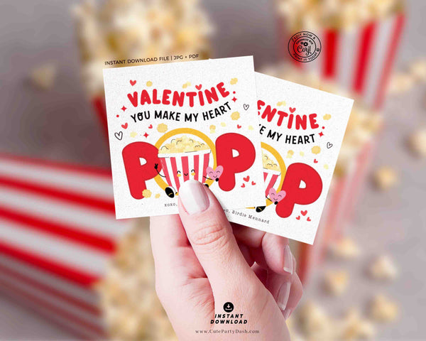 You make my heart Pop Valentine's day Gift Tag Printable INSTANT DOWNLOAD, Kids Valentine Popcorn PunTags, Valentine's day Card Exchange