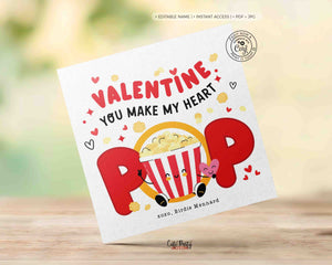 You make my heart Pop Valentine's day Gift Tag Printable INSTANT DOWNLOAD, Kids Valentine Popcorn PunTags, Valentine's day Card Exchange