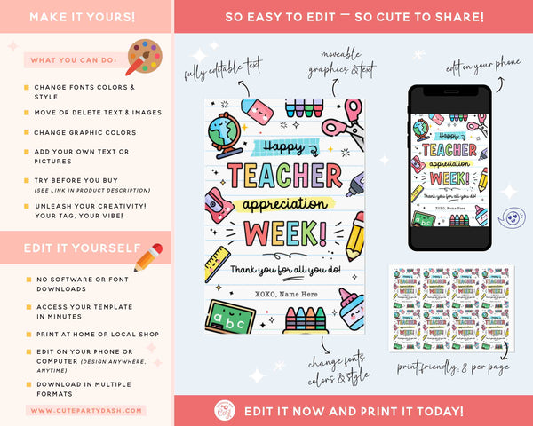 Happy Teacher Appreciation Week Gift Tag Printable INSTANT DOWNLOAD Gift for Teachers Gift box Thank You Card Editable Tags Staff School