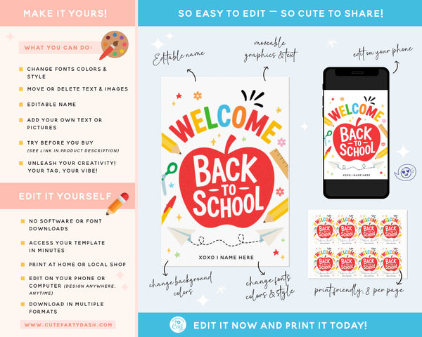 EDITABLE Welcome Back To School Gift Tag Printable INSTANT DOWNLOAD First Day of School, Teacher Staff Employee Pta Pto Classmate Gift Label
