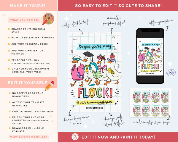 Silly Goose Back To School Gift Tag Printable INSTANT DOWNLOAD First Day of School, Editable Teacher Staff Student Pta Pto Classmate Gift