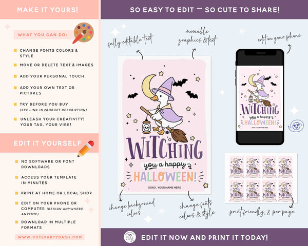 EDITABLE Witching You a Happy Halloween Silly Goose Tag Printable INSTANT DOWNLOAD Party Favor Teacher Staff Pta Pto Kids Witch Treat Candy Label