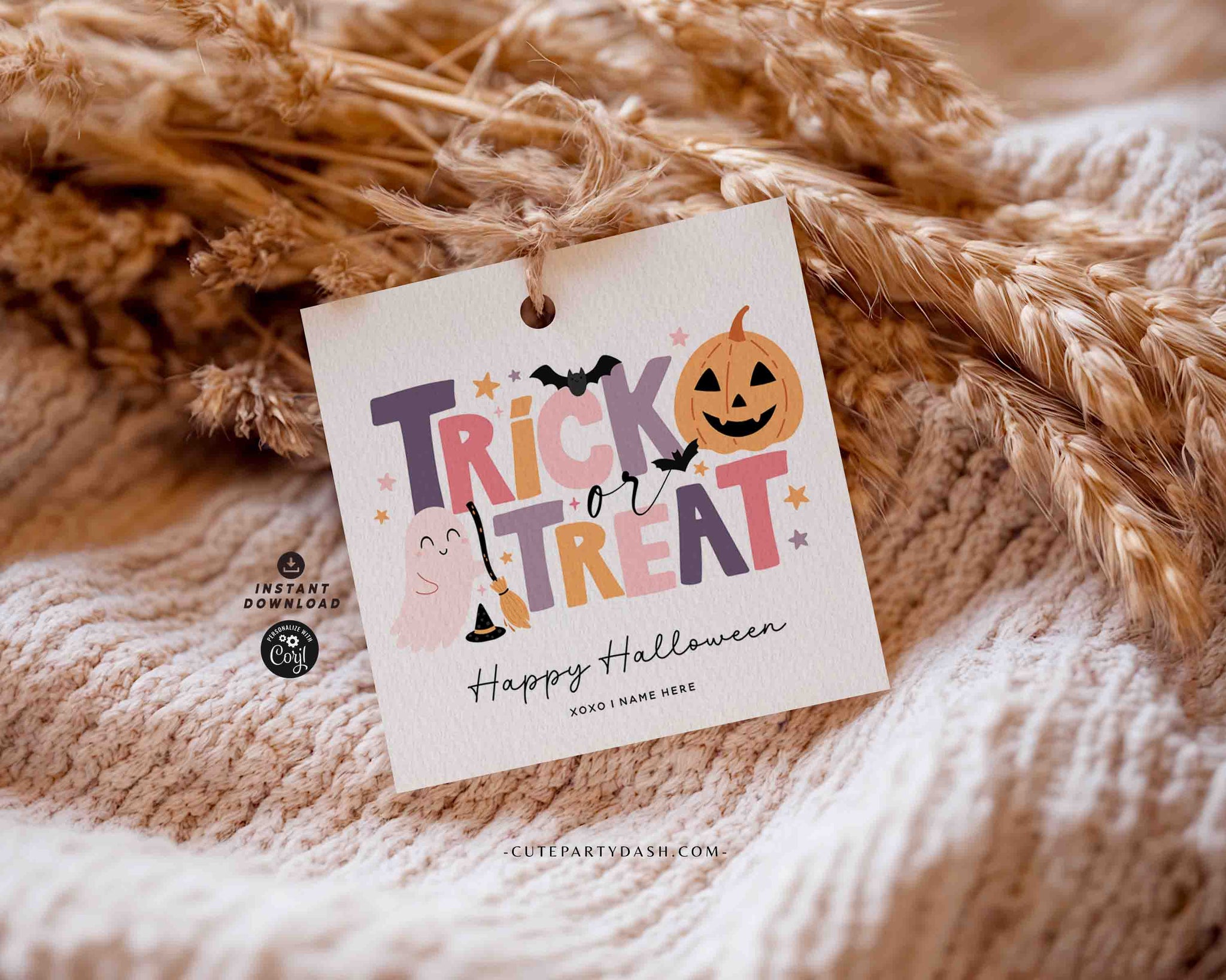 Editable Trick or Treat Halloween Tag Printable INSTANT DOWNLOAD Pink Halloween Tag for Kids, Teachers Spooky Treat Cookie Tag Candy Label