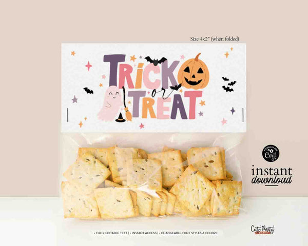 Halloween-themed crackers with 'Trick or Treat' text on a white background