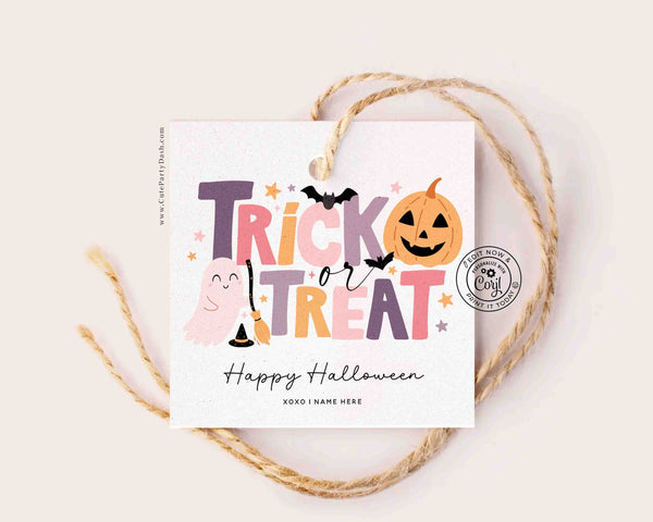 Editable Trick or Treat Halloween Tag Printable INSTANT DOWNLOAD Pink Halloween Tag for Kids, Teachers Spooky Treat Cookie Tag Candy Label
