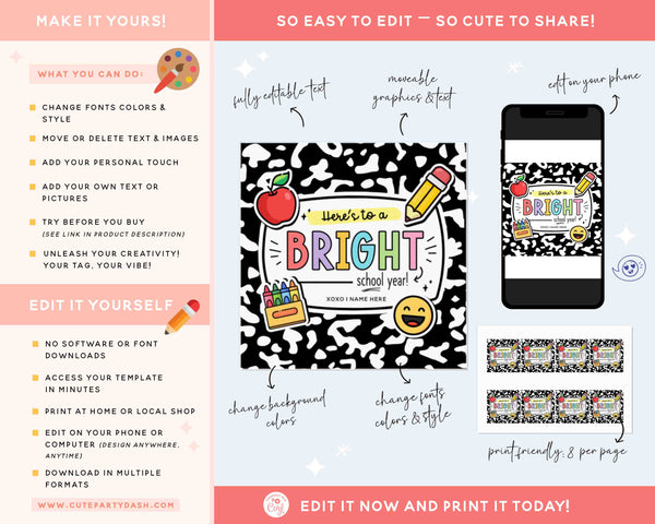 Here's to a Bright School Year Tag INSTANT DOWNLOAD First Day of School Favor, Back to School Gift Tag template Editable Gift from Teacher