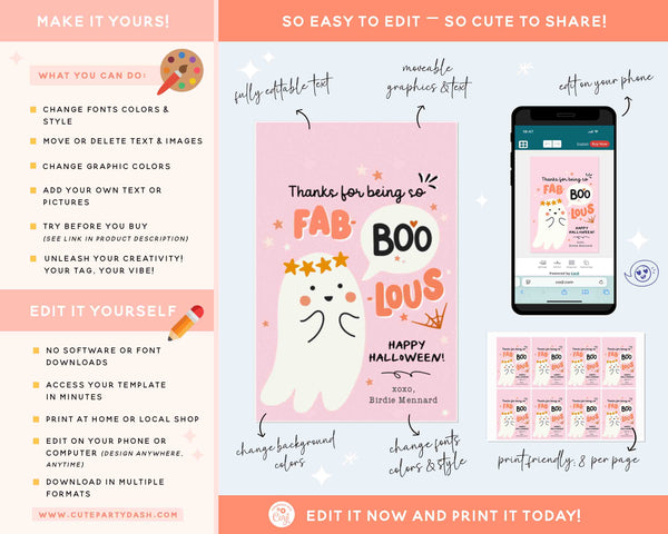 Happy Halloween Gift tag INSTANT DOWNLOAD Thank you for being Fab-Boo-Lous Tag EDITABLE Teacher Staff Employee School Pto Printable Sticker