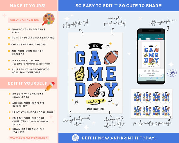 Football Game Day Gift Tag INSTANT DOWNLOAD Printable Football Good Luck Big Game Day Treat Blue and Silver Pom Pom Cheerleading Snack Bag