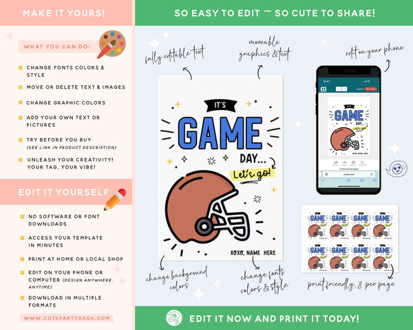 Football Game Day Gift Tag INSTANT DOWNLOAD Printable Football Good Luck Big Game Day Treat Blue and Silver Pom Pom Cheerleading Snack Bag