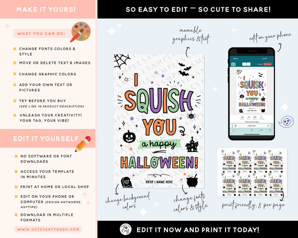 Editable Squish toy Halloween Gift Tag Template INSTANT DOWNLOAD Happy Halloween for Non Candy Trick or Treat, Halloween Classroom Party