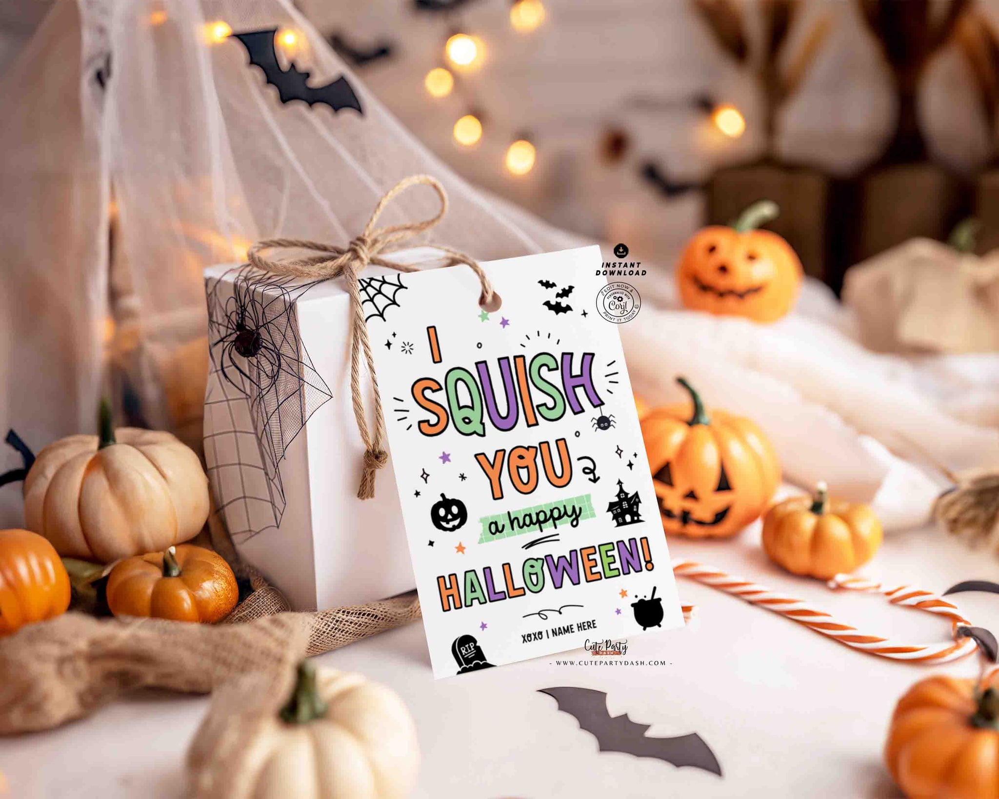 Editable Squish toy Halloween Gift Tag Template INSTANT DOWNLOAD Happy Halloween for Non Candy Trick or Treat, Halloween Classroom Party