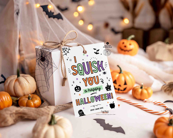 Editable Squish toy Halloween Gift Tag Template INSTANT DOWNLOAD Happy Halloween for Non Candy Trick or Treat, Halloween Classroom Party