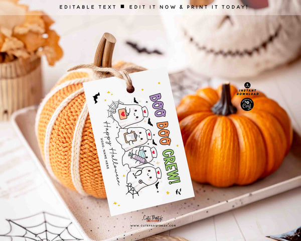 Editable Nurse Halloween Gift Tag Template INSTANT DOWNLOAD Happy Halloween Gift for Nurses: Boo Boo Crew Pun Tag