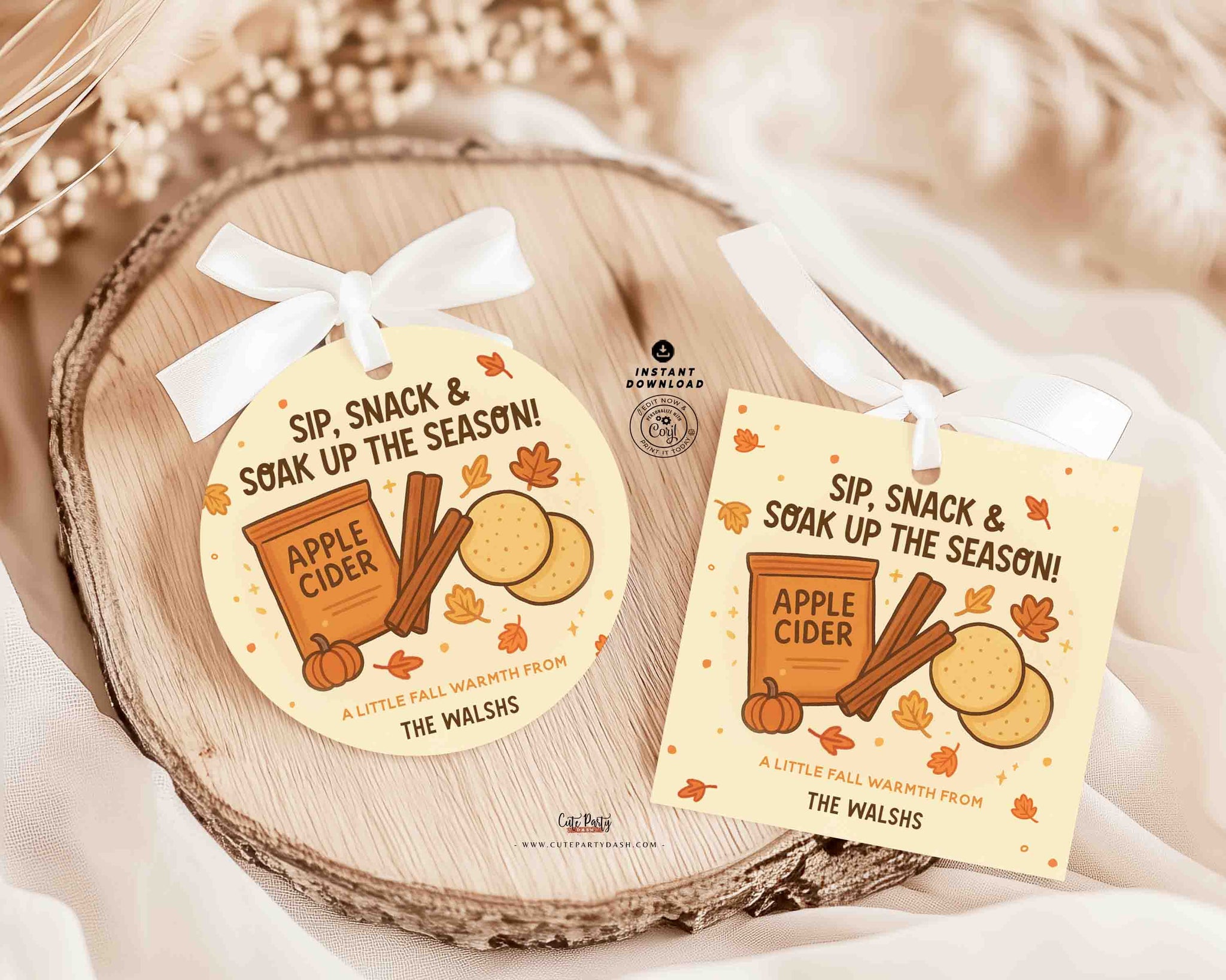 Fall Apple Cider Gift Tags Printable: Editable Treat Bag sticker (Digital Download)