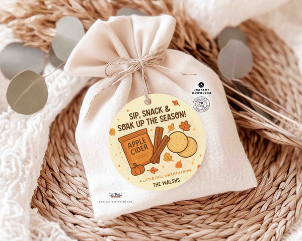 Fall Apple Cider Gift Tags Printable: Editable Treat Bag sticker (Digital Download)