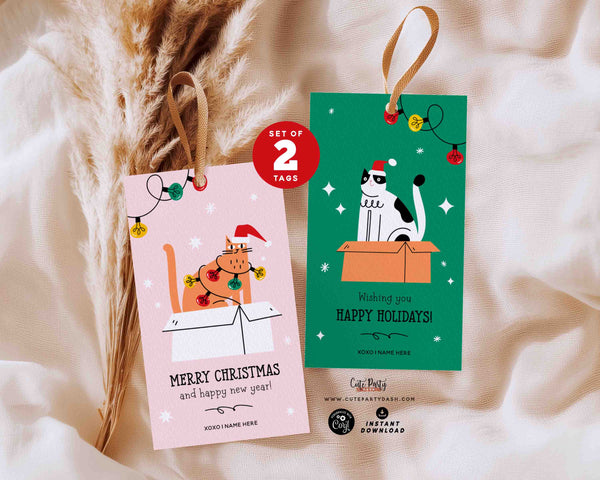 Printable Christmas Cat Gift Tags – Set of 2 Holiday Cat Designs (Instant Download)