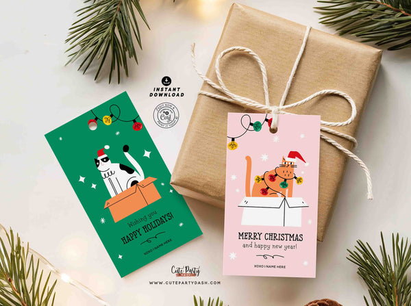 Printable Christmas Cat Gift Tags – Set of 2 Holiday Cat Designs (Instant Download)