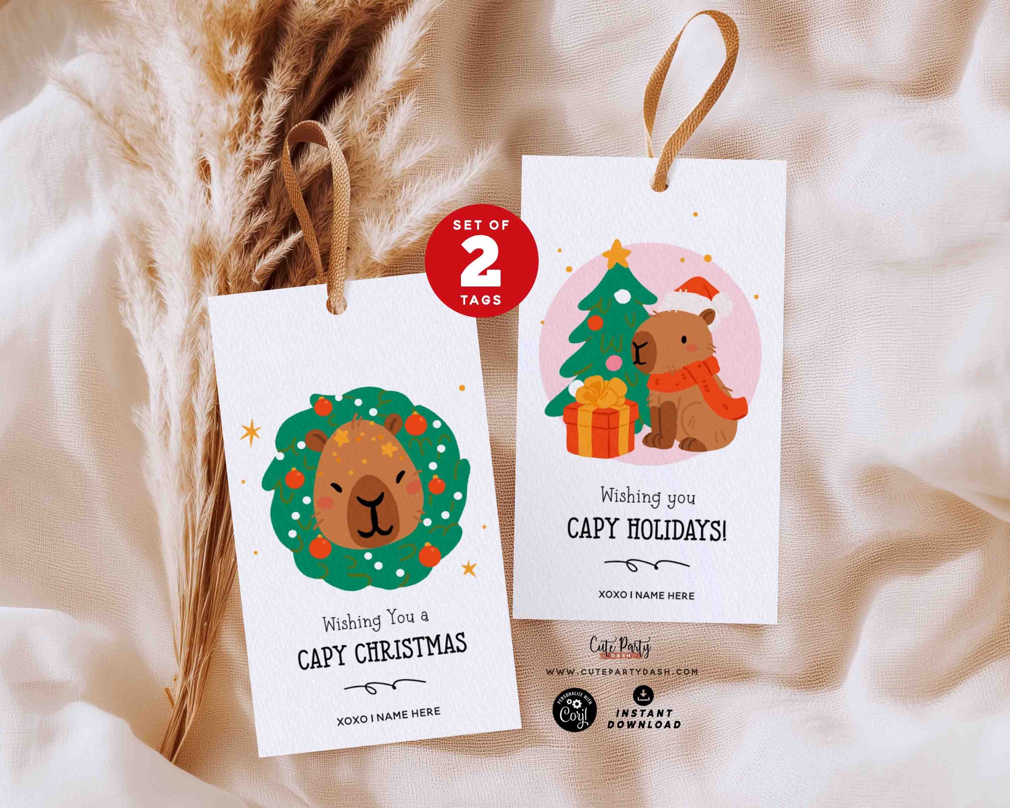 CAPY Christmas Printable Gift Tags – Cute Capybara Holiday Tags with Pun (Set of 2, Instant Download)