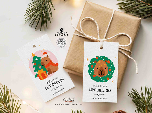 CAPY Christmas Printable Gift Tags – Cute Capybara Holiday Tags with Pun (Set of 2, Instant Download)