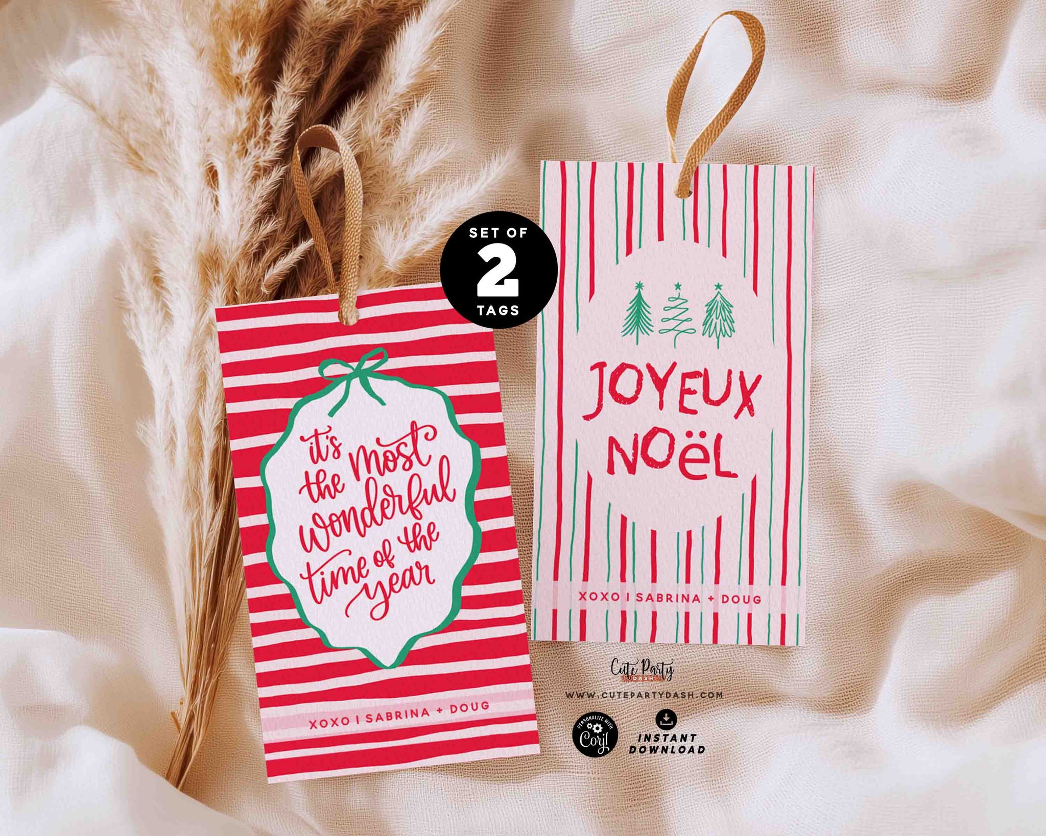 Set of 2 Vintage Christmas Gift Tags: Editable Printable (Instant Download)