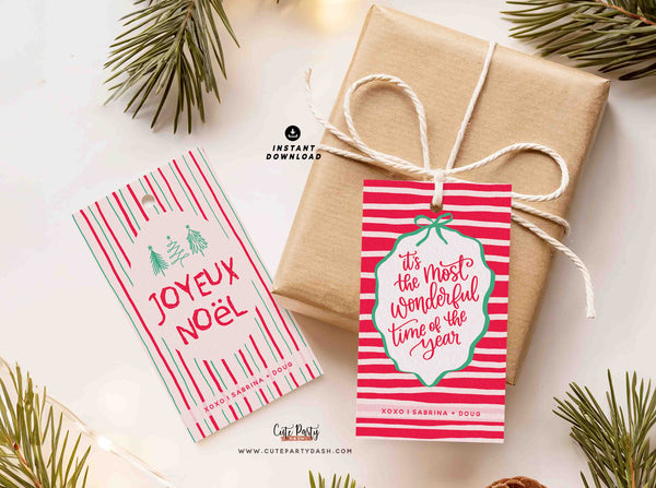 Set of 2 Vintage Christmas Gift Tags: Editable Printable (Instant Download)