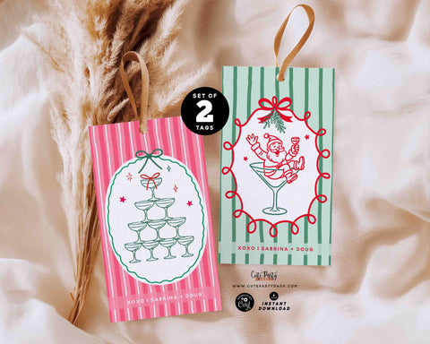 Set of 2 Cocktail Christmas Gift Tags: Editable Printable Wine or Drink (Instant Download)