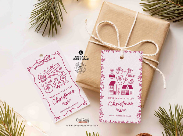 Set of 2 Coquette Doodle Christmas Gift Tags: Editable Printable (Instant Download)