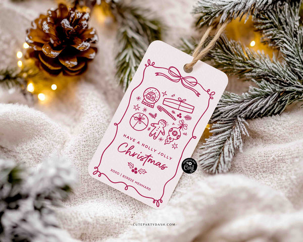 Set of 2 Coquette Doodle Christmas Gift Tags: Editable Printable (Instant Download)