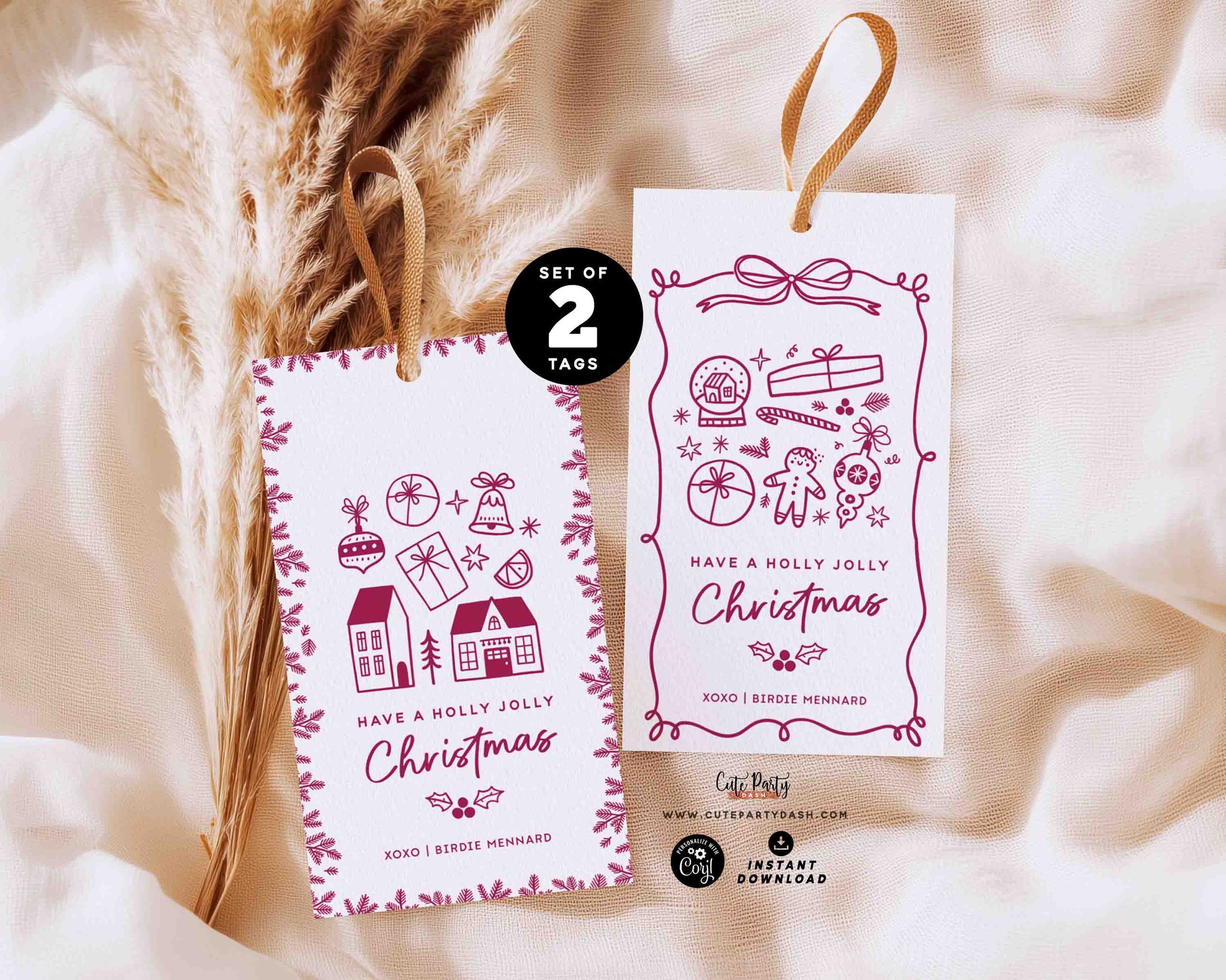 Set of 2 Coquette Doodle Christmas Gift Tags: Editable Printable (Instant Download)
