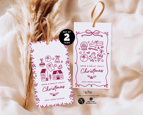 Set of 2 Coquette Doodle Christmas Gift Tags: Editable Printable (Instant Download)