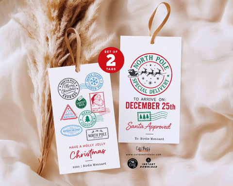 North Pole Christmas Gift Tags, Printable Santa Mail Label Set of 2 (Instant Download)