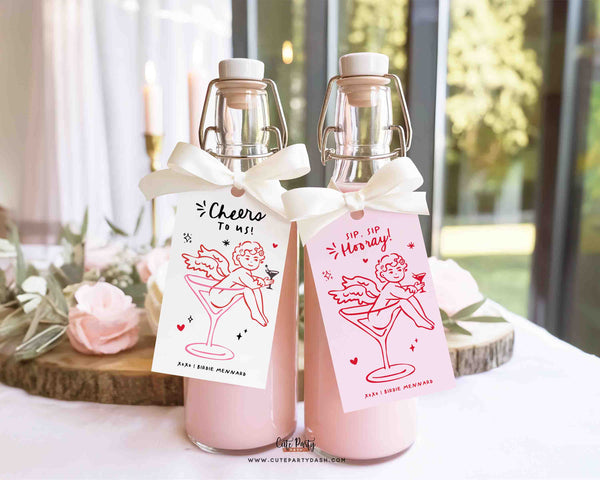 Galentine’s Day Wine Bottle Tags (Set of 2) – Cupid Martini Printable Gift Tags – Cheers To Us / Sip Sip Hooray
