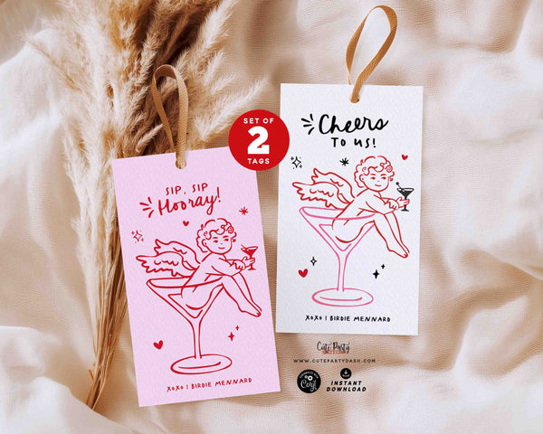 Galentine’s Day Wine Bottle Tags (Set of 2) – Cupid Martini Printable Gift Tags – Cheers To Us / Sip Sip Hooray