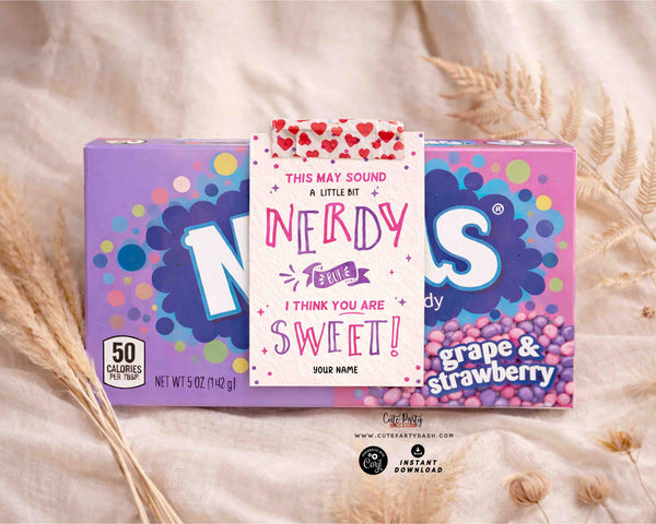 Nerdy Valentine Candy Box Tag Editable Kids Classroom Valentine's Day Favor Tag - I think you're SWEET
