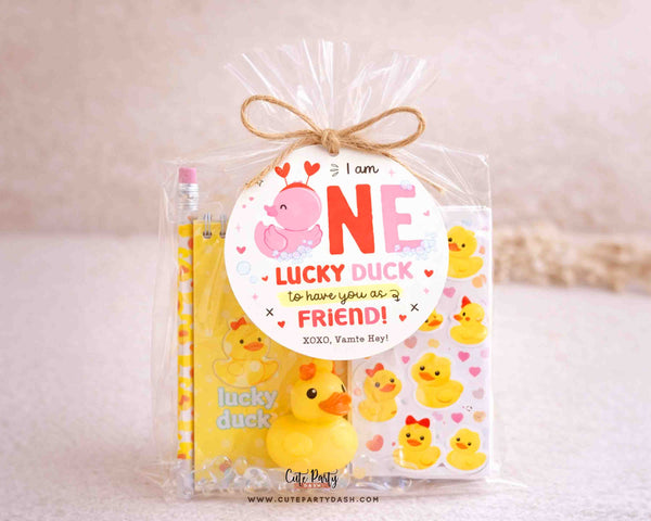 Lucky Duck Valentine Gift Tag, Printable Round Label, Duck Valentines Classroom Non Candy Favor Instant Download
