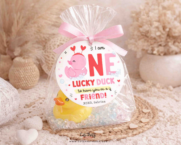 Lucky Duck Valentine Gift Tag, Printable Round Label, Duck Valentines Classroom Non Candy Favor Instant Download