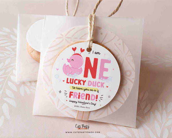 Lucky Duck Valentine Gift Tag, Printable Round Label, Duck Valentines Classroom Non Candy Favor Instant Download