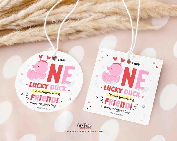 Lucky Duck Valentine Gift Tag, Printable Round Label, Duck Valentines Classroom Non Candy Favor Instant Download