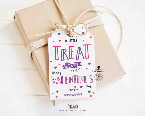 A Little Treat Valentine Gift Tag Printable, Happy Valentine’s Day Tags, Editable Name Tag, Classroom Kids Favors, Instant Download