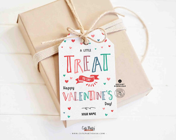 A Little Treat Valentine Gift Tag Printable, Happy Valentine’s Day Tags, Editable Name Tag, Classroom Kids Favors, Instant Download