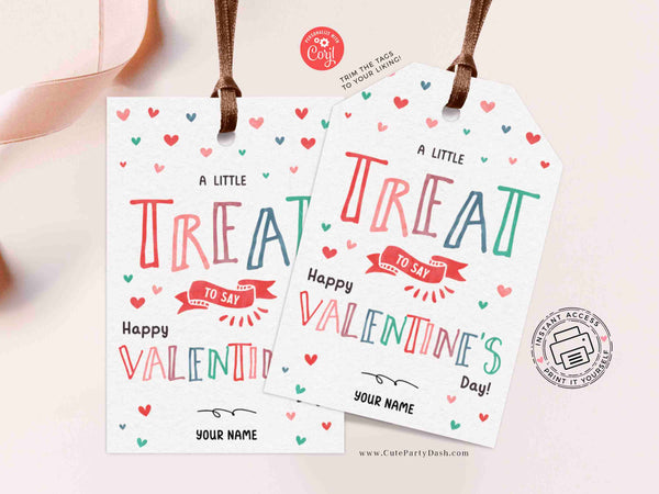 A Little Treat Valentine Gift Tag Printable, Happy Valentine’s Day Tags, Editable Name Tag, Classroom Kids Favors, Instant Download